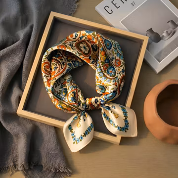 100% Mulberry Silk Scarf – Bohemian Floral Paisley Print, Square Headscarf
