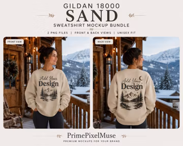 Gildan 18000 Sand Christmas Sweatshirt Mockup | Cozy Winter Cabin Lifestyle | Front & Back Views | 2 PNG Files | Premium Etsy Mockup