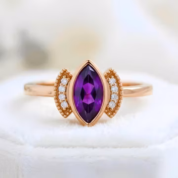 Marquise Amethyst Engagement Ring, 925 Silver 14k Rose Gold Moissanite Ring, Vintage Bezel Setting Promise Ring, Wedding Jewelry