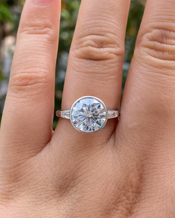 3.80 Carat Round Brilliant Cut Moissanite Bezel Set Ring, Tapered Baguette Cut Side Stone Trilogy Ring, Engagement Ring, 925 Silver Ring