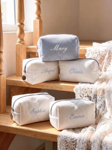 Embroidered Waffle Makeup Bag, Custom Name Cosmetic Bag, Bridesmaid Gift