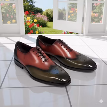 Handmade Men's Genuine Red & Dark Green Color Leather Oxford Whole-cut Dress Shoes