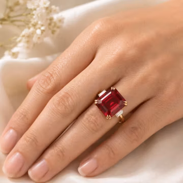 Red Garnet Ring, Emerald Cut Garnet Ring, 18K Gold Plated 3 Stone Ring, Baguette Accent Statement Ring, January Birthstone Gift