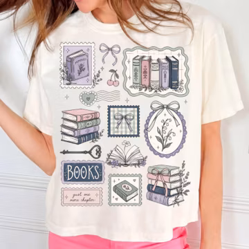 Just One More Chapter PNG, Coquette Books Collage Shirt, Cottagecore Bow Stamp Floral Key Library, Bookish Gift, Digital Download