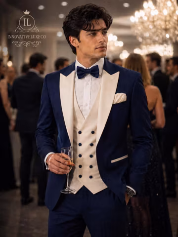 Navy Blue Cream Tuxedo Suit | Designer 3-Piece Groom's Formal Wear