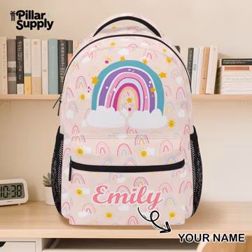 Personalized Rainbow Backpack – Custom Name Girls Bookbag with Pink Pastel Rainbows – Preschool or Kindergarten School Bag