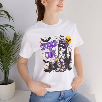Spooky Cute Husky Halloween Tee - Funny Halloween Dog - Ghosts, Bats, Moon