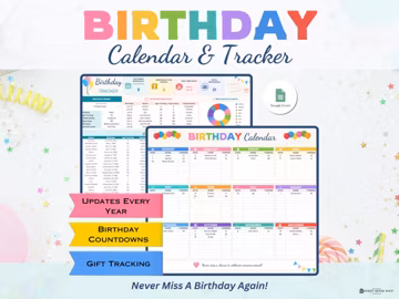 Birthday Calendar for Google Sheets, Birthday Tracker, Family Birthday Organizer, Birthday Planner Spreadsheet, Birthday Reminder Template