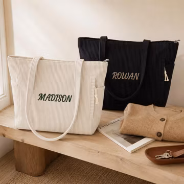Custom Embroidered Name Tote Bag, Aesthetic Corduroy Shoulder Purse, Monogrammed Tote for Her, Wedding Party Favor