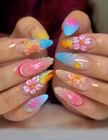 Tropical Hibiscus Press On Nails | 3D Floral Summer Nails | Colorful Aura Airbrush Nails.