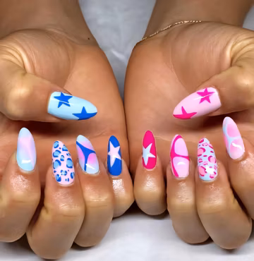 Y2K Pink Blue Star Press On Nails | Cute Mixed Pattern Nails | Leopard Print & Swirl Design |