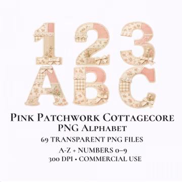 Patchwork Cottagecore Alphabet PNG Bundle – Floral Fabric Letters A-Z, 0-9 & Symbols, 300 DPI Commercial Use