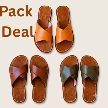 Brown Women's Leather Sandals Bundle | Pack of 3 Handmade Moroccan Shoes | Genuine Green Cowhide Summer Slides | Orange Boho Flat Slides