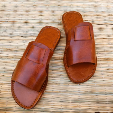 Men’s Brown Leather Slide Sandals, Handmade Open‑Toe Slip‑On, Genuine Leather
