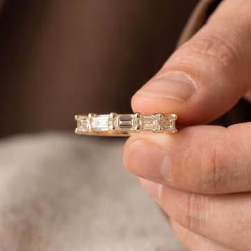 East To West Emerald Cut Lab Grown Diamond Ring Dazzling Five Stone Wedding Band Shared Prong Set 10k Yellow Gold Stackable Ring for Women