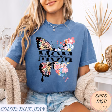 Personalized Comfort Colors® Shirt, Butterfly Floral Mama Shirt, Custom Names, Mom Long Sleeve Tshirt, Mothers Day Tee, Christmas Mom Gift