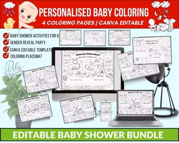 4 Personalised Baby Shower Coloring Page,Baby Shower Activities for Kids, Activity Sheet, Coloring for Kids,Canva Template, Instant Download