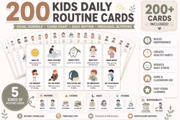200 Kids Daily Routine Cards, Visual Schedule, Chore Chart, Cut and Paste Format