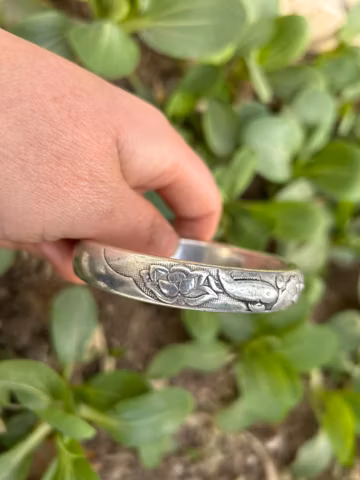 Engraved Lotus Fish Silver Bangle Artisan Wrist Ornament, Cuff Bangle Bracelet, Adjustable Bangle Nepal Indian inspired Jewellery