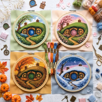 Hobbit Hole Cross Stitch Pattern: Four Seasons Woodland, Modern Counted Cross Stitch, Beginner Friendly Chart Embroidery PDF