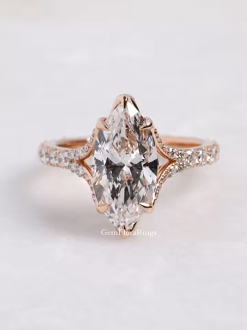 Vintage Marquise Cut Lab Grown Diamond Engagement Ring, Split Shank Pavé Ring, Moissanite Diamond Ring, 14K Gold Ring, Anniversary Gifts