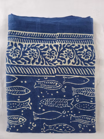 Hand Block Printed Cotton Sarong: Indigo Fish Beach Coverup