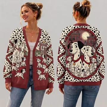 101 Dalmatians Cardigan, Disney Dog Family Button Cardigan, Dalmatian Puppy V Neck Oversized Cardigan Gift for Dog Lovers