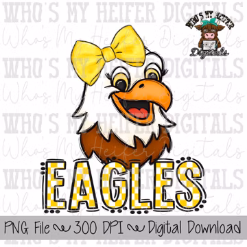 Yellow & White Eagles PNG Hand Drawn Eagle with Bow Sublimation PNG Game Day Shirt Design School Spirit PNG Checkered Eagle Doodle Art