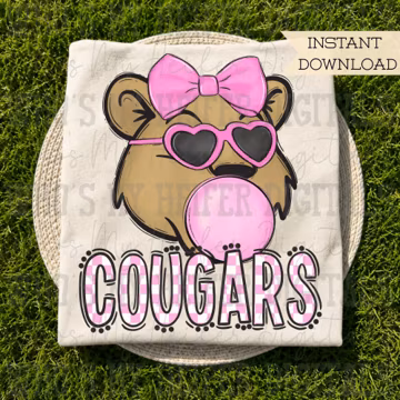 Bubble Gum Cougar PNG Hand Drawn Cougar with Pink Bow Sublimation PNG Game Day Shirt Design School Spirit Checkered Girly Cougar Doodle Art