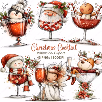 Funny Christmas Cocktail Clipart PNG, 43 Whimsical Characters in Glasses, Santa Snowman Reindeer Drinks for Cards & Sublimation