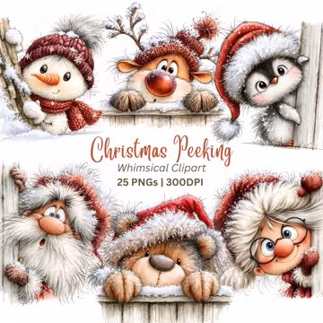 Funny Christmas Clipart PNG, 25 Whimsical Peeking Characters, Quirky Snowman Gnome Reindeer Santa for Cards & Sublimation