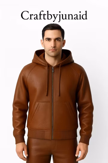 Brown Leather Zipper Hoodie | Genuine Leather Hooded Jacket | Handmade Casual Outerwear | CraftByJunaid.
