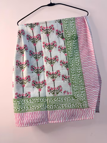 Handblock Printed Cotton Scarf, Green White Leaf Floral Boho Neck Wrap (42x42 Inches)