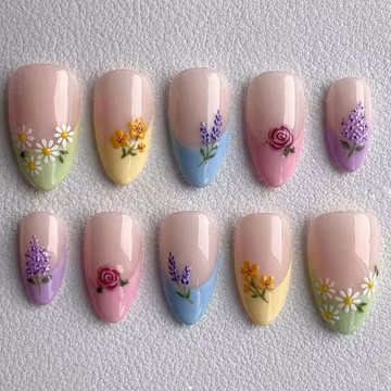 Pastel Floral French Press On Nails | Daisy Lavender Rose Nail Art | Handmade Spring Garden Manicure