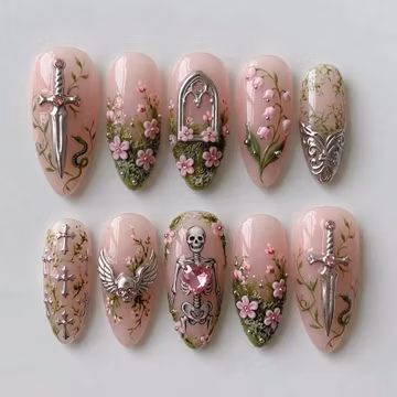Handmade Romantic Gothic Press On Nails | Skeleton Heart Dagger & Pink Flower Art | Whimsical Dark Cottagecore Nails