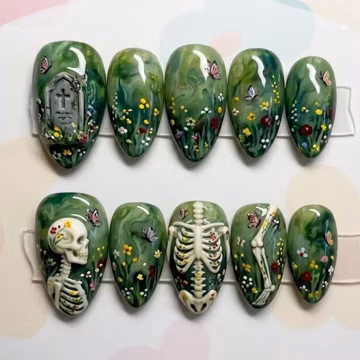 Handmade 3D Dark Cottagecore Stiletto Press On Nails, Skeleton Floral False Nails Creepy Cute Nature Graveyard Butterfly Nail Art