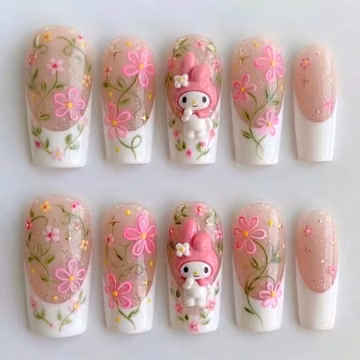 Handmade My Melody Press On Nails | Kawaii Pink Floral Garden Art | Cute Pastel Sanrio French Tip Nail Set