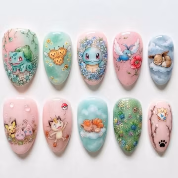 Handmade Cute Fantasy Creature Press On Nails, Pastel Garden Monster False Nails Kawaii Floral Nail Art