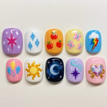 Handmade Kawaii Magical Pony Inspired Press On Nails, Pastel Cartoon False Nails, Fantasy Friendship Nail Art