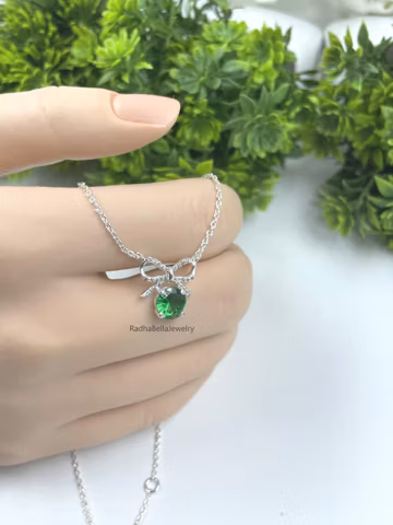 Emerald Diamond Bow Necklace, 925 Sterling Silver, May Birthstone