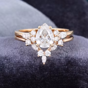 Pear Shaped Moissanite Engagement Ring Rose Gold Vintage Bridal Band, Curved Anniversary Promise Ring