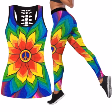 Multicolor Flowers All Over Printed Legging + Hollow Tank Combo