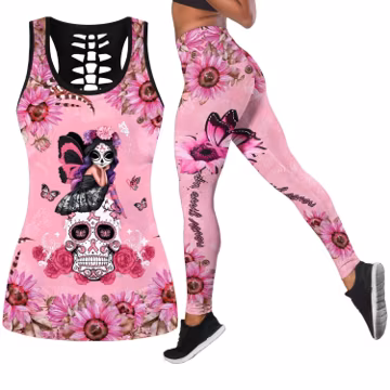 Flower Skull All Over Printed Legging + Hollow Tank Combo