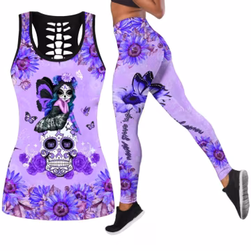 Flower Skull All Over Printed Legging + Hollow Tank Combo