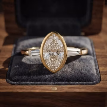 Marquise Moissanite Engagement Ring, Bezel Three Stone Wedding Ring, Milgrain Baguette Bridal Ring, Vintage Art Deco Gold Ring