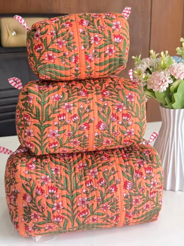 Quilted Makeup Bags Set Of 3, Large Block Print Toiletry Bag, Handmade Floral Cotton Pouch, Cosmetic Case Gift