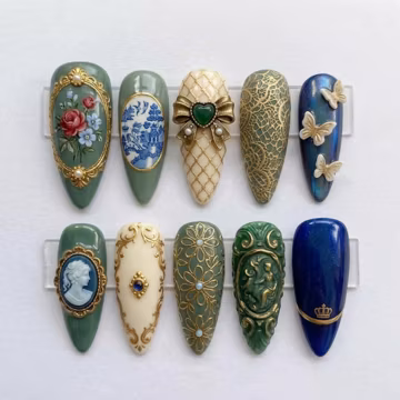 Handmade Vintage Royal Press On Nails - Baroque Cameo Floral Gold Frame Pearl Design - Stiletto Nails for Elegant Style