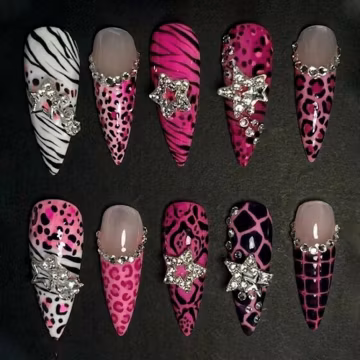 Handmade Pink Animal Print Press On Nails | with Zebra Leopard Star Rhinestone 3D Design | Long Stiletto Nails in Hot Pink Black