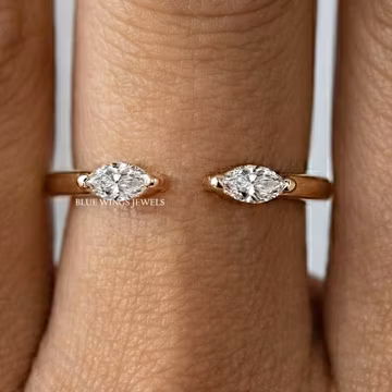 Marquise Moissanite Diamond Cuff Ring, Open Gap Matching Ring,14k Solid Gold Diamond Ring, Double Stone Wedding Band, Spacer Engagement Ring