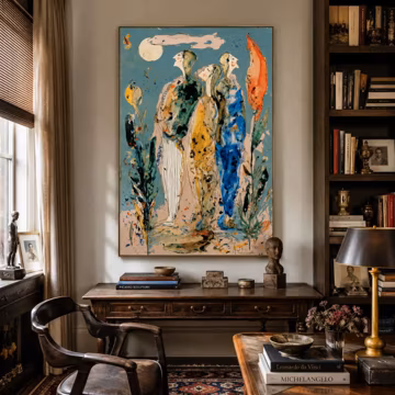 Large Abstract Women Oil Painting, Hand Painted Figurative Canvas Wall Art, Colorful Mid Century Modern Eclectic Decor for Living Room